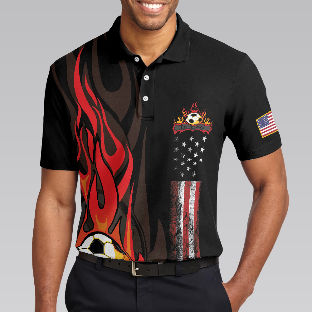 Soccer Flame Short Sleeve Black Polo Shirt, Black American Flag Polo Shirt, Best Soccer Shirt For Men - Perfect Gift For Men, Soccer Lovers