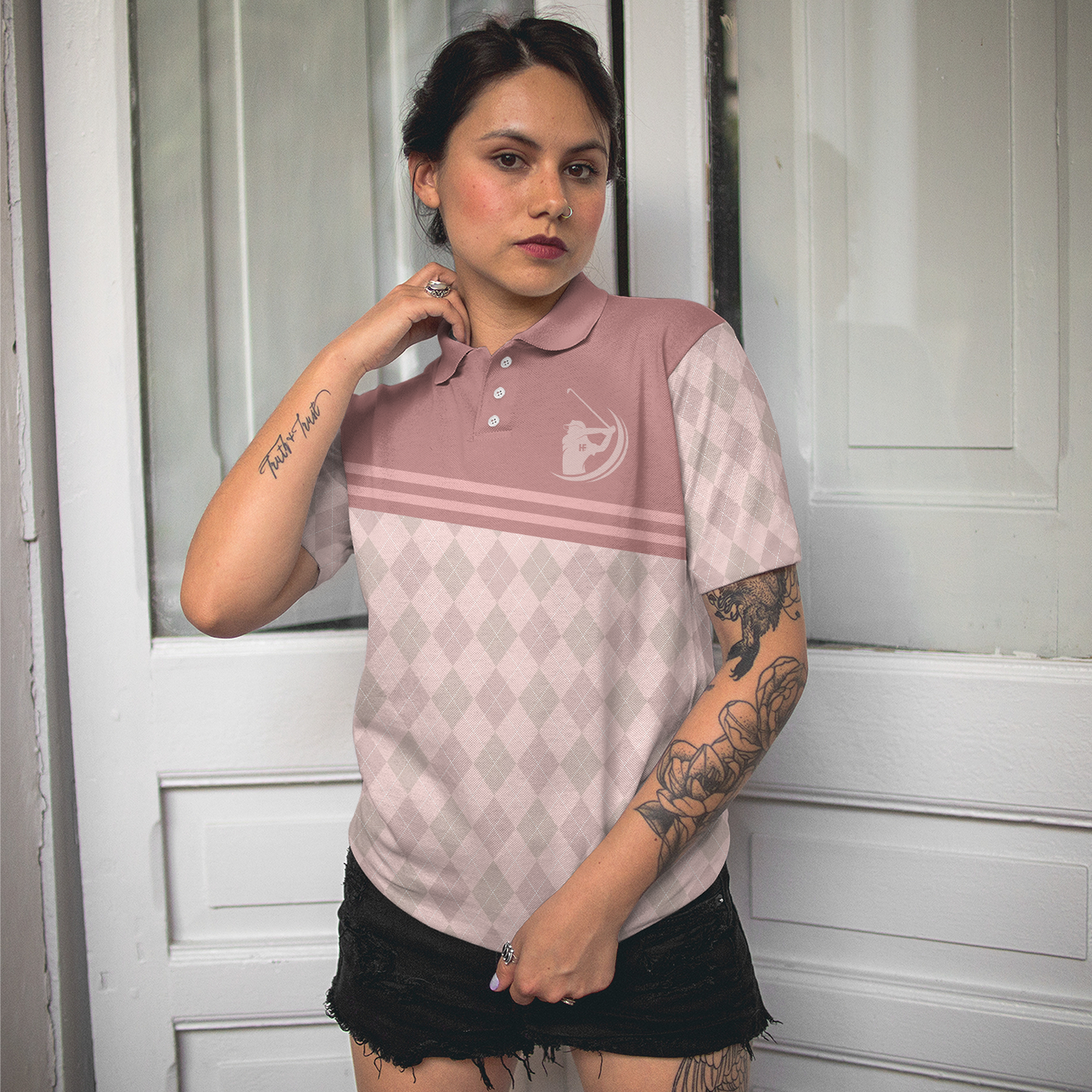 Pink Argyle Pattern Golf Women Polo Shirt, Golf & Wine Kind Of Girl Short Sleeves Shirt, Wine Golf Shirt For Ladies, Best Golf Shirt For Women Golfers