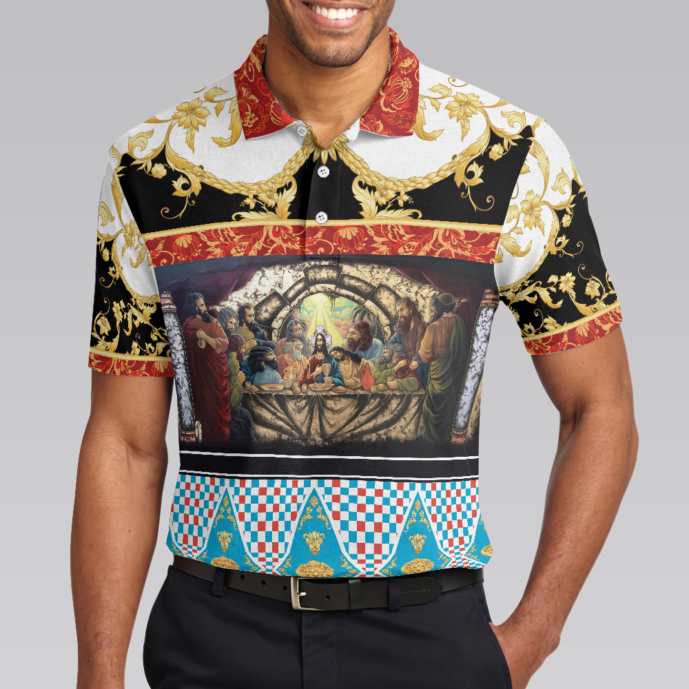 The Last Supper Renaissance Pattern Polo Shirt, Luxury Gold Brocade Pattern Christian Shirt For - Perfect Gift For Men