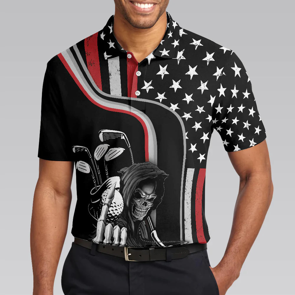 Reaper American Flag Short Sleeve Golf Polo Shirt, Black Theme Reaper Golfer Golf Shirt For Men - Gift For Golfer