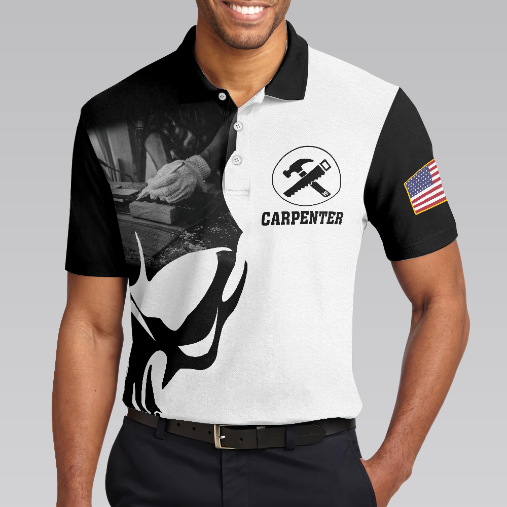 Carpenter Proud Skull Short Sleeve Black And White Polo Shirt, American Flag Polo Shirt, Best Carpenter Shirt For Men