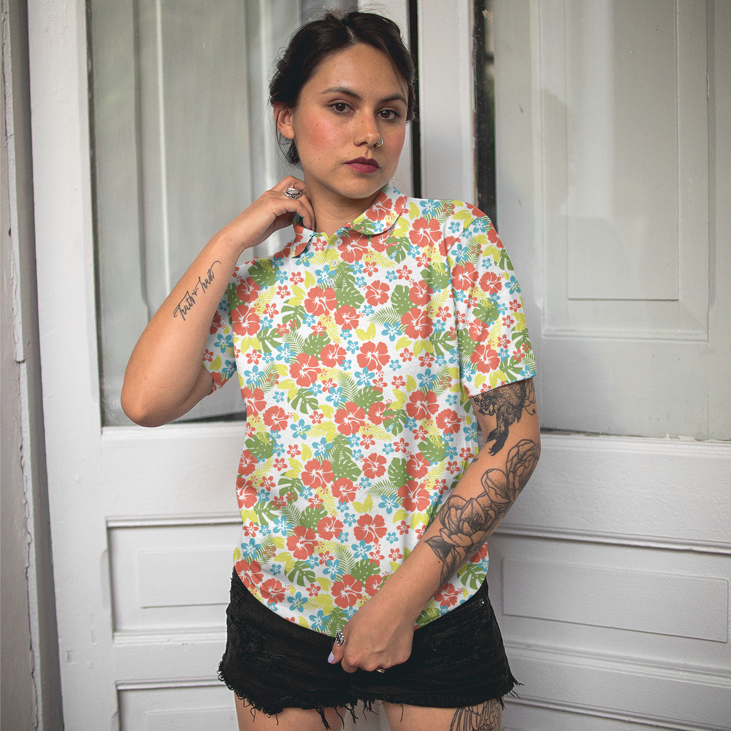 Tropical Flowers Pattern Short Sleeve Women Polo Shirt - Perfect Gift For Women