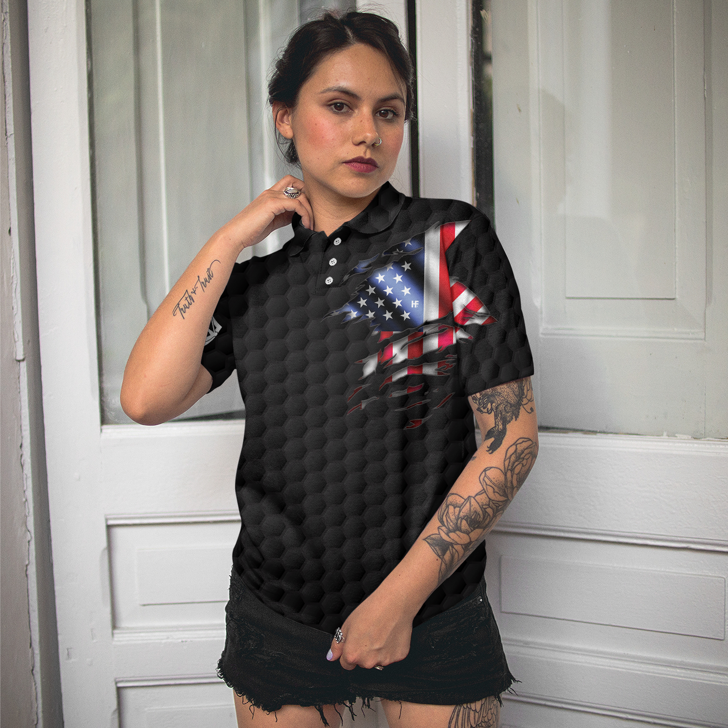 American Women Golfer Black Version Golf Short Sleeve Women Polo Shirt, American Flag Ladies Golf Shirt, Gift For Golfers