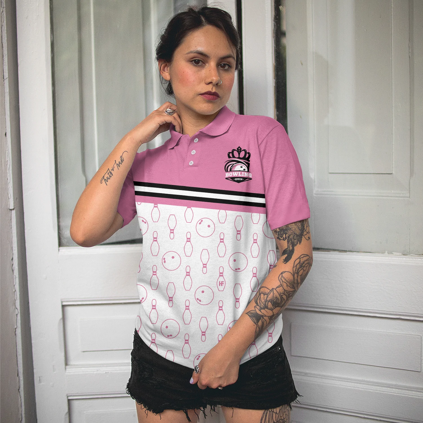 Pink Bowling Ball And Pin Pattern Women Polo Shirt, I'm A Classy Sassy Bowling Girl Bowling Short Sleeve Shirt For Ladies, Gift For Bowling Lovers