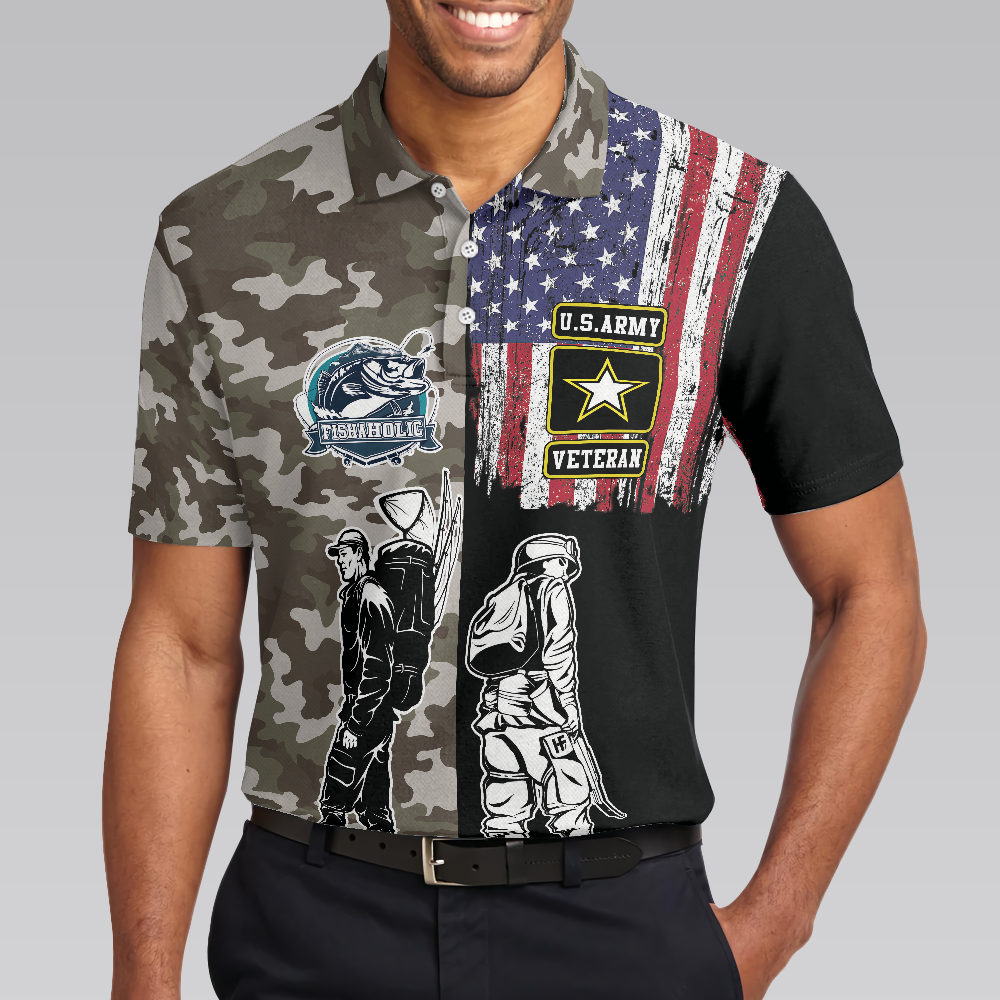 Veteran Fishing With American Flag Polo Shirt, Camouflage Veteran Fisher Sketching Polo Shirt, Patriotic Fishing Shirt For Men - Perfect Gift For Men