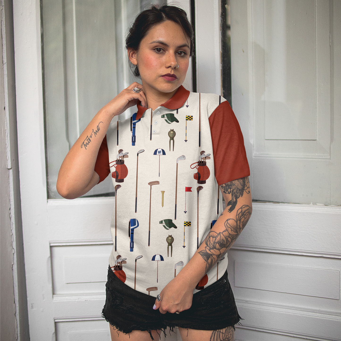 Golf Equipment Short Sleeve Women Polo Shirt, White And Red Golf Shirt For Ladies, Unique Female Golf Gift