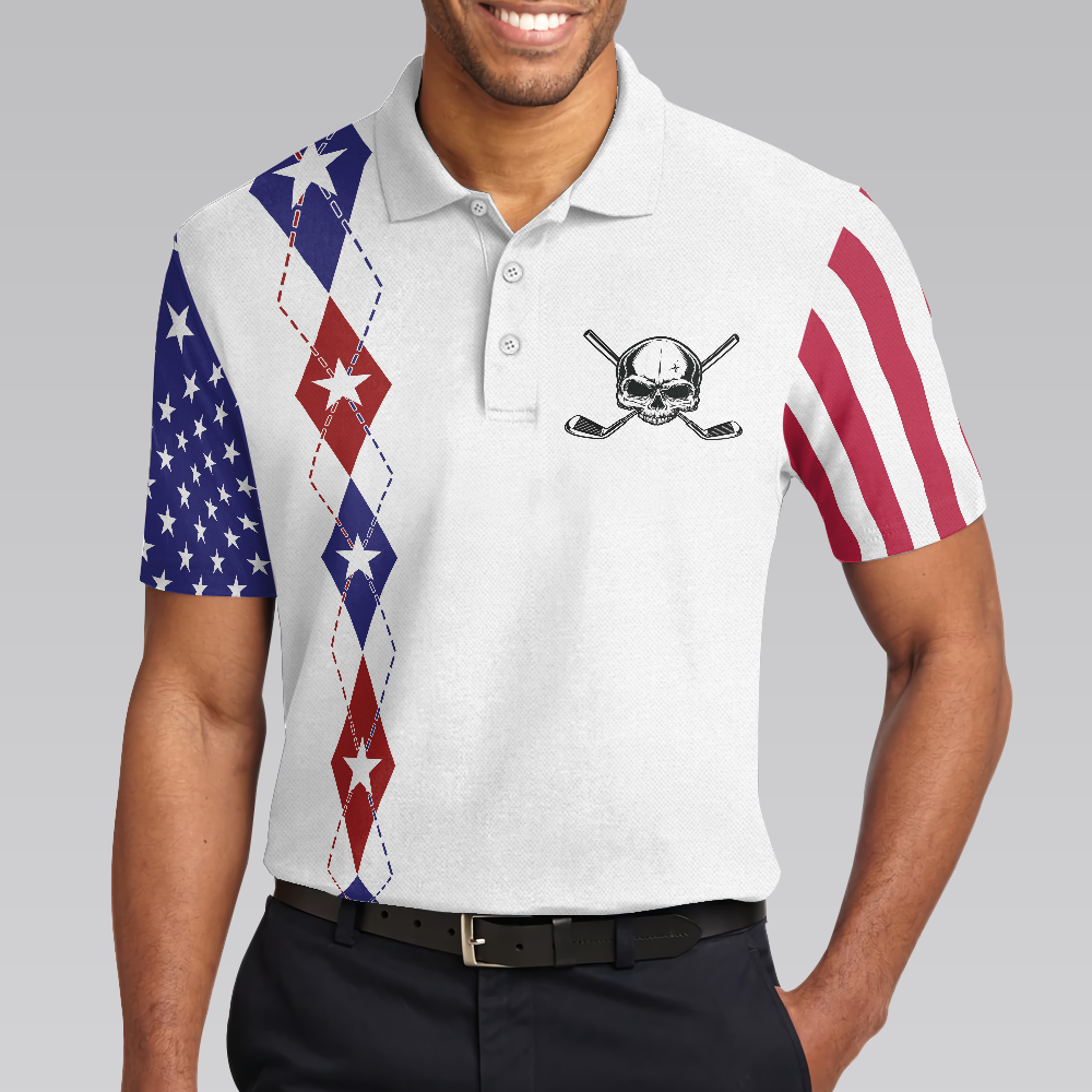 Too Old To Work Too Young To Die But Perfect For Golfing Polo Shirt, American Flag Golfing Shirt With Sayings - Perfect Gift For Men