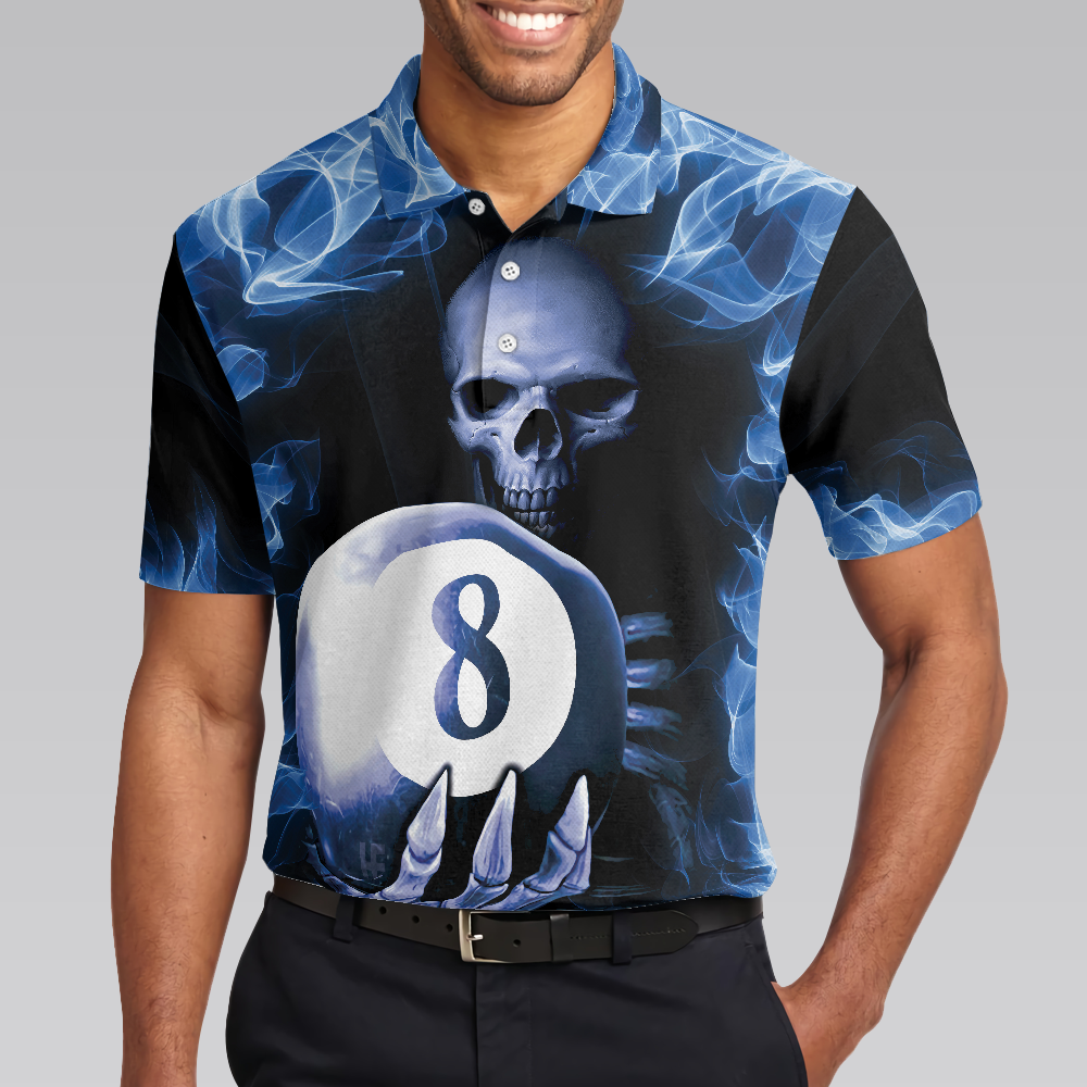 Men Polo Shirt - Billiards Murder Polo Shirt, Blue Flame Billiards Shirt Design - Skull Eight Ball Billiards Shirt For Men