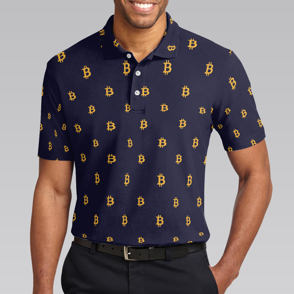 Seamless Pattern Sign Bitcoin Polo Shirt, Navy Blue And Gold Polo Shirt, Best Cryptocurrency Shirt For Men - Perfect Gift For Men, Golfer