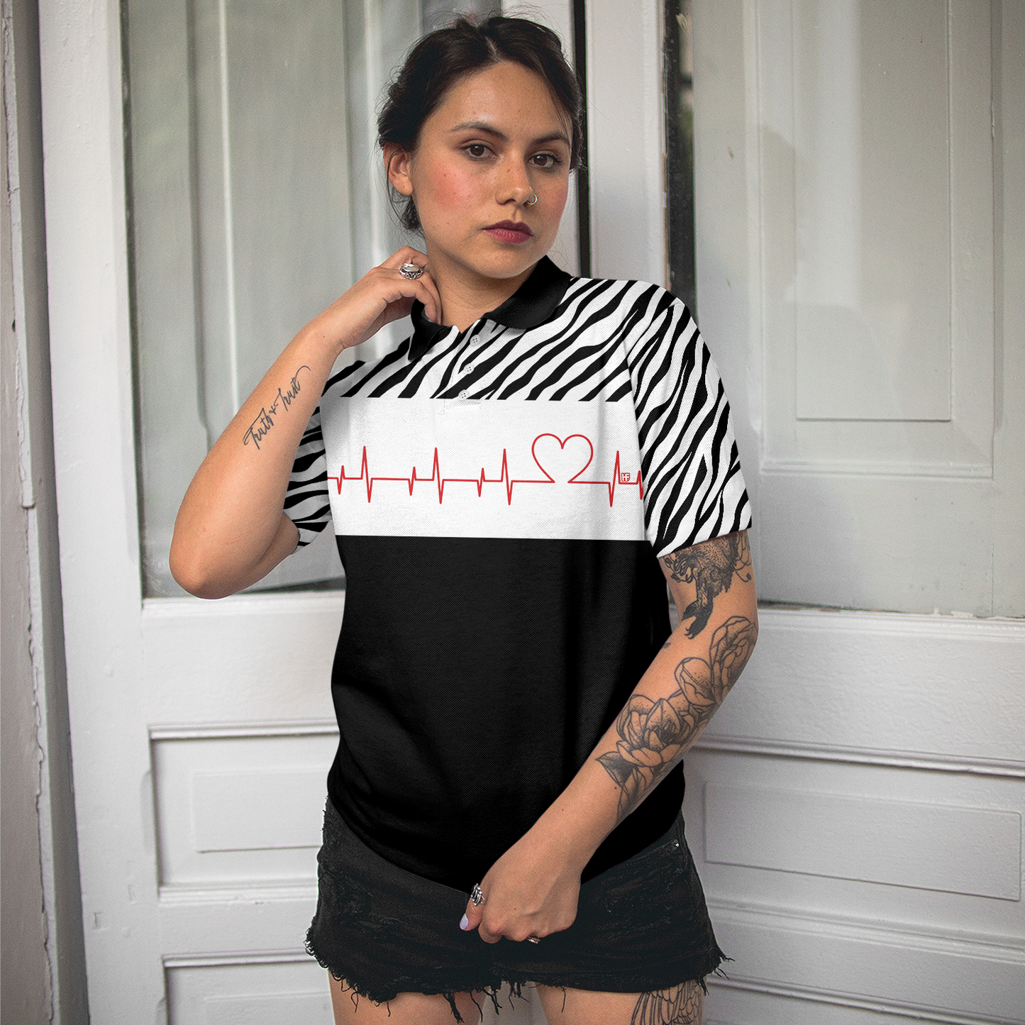 Bowling Heartbeat Women Polo Shirt, Zebra Pattern Short Sleeve Women Polo Shirt, Bowling Shirt For Ladies