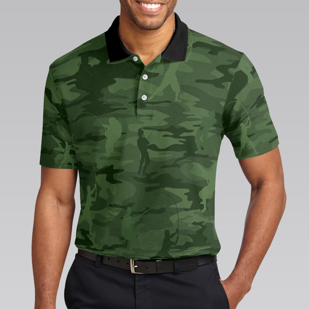 Green Camouflage Fisherman Silhouette All Over Print Men Polo Shirt, Unique Golf Shirt For Men, Cool Gift For Fishing Lovers