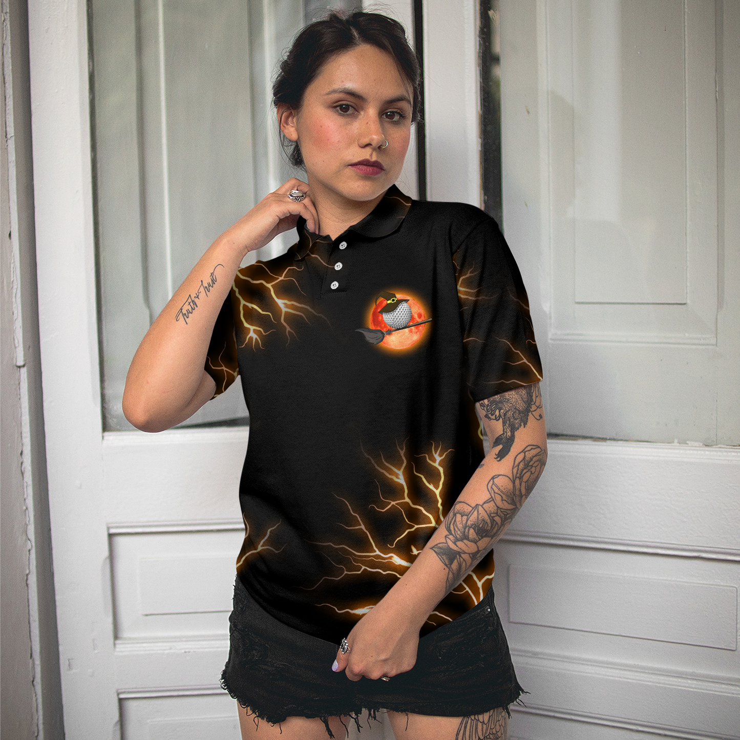 Scary Witch Shirt Golf Short Sleeve Women Polo Shirt, My Broom Broke So Now I Am Playing Golf Shirt For Ladies, Halloween Gift Idea For Female Golfers