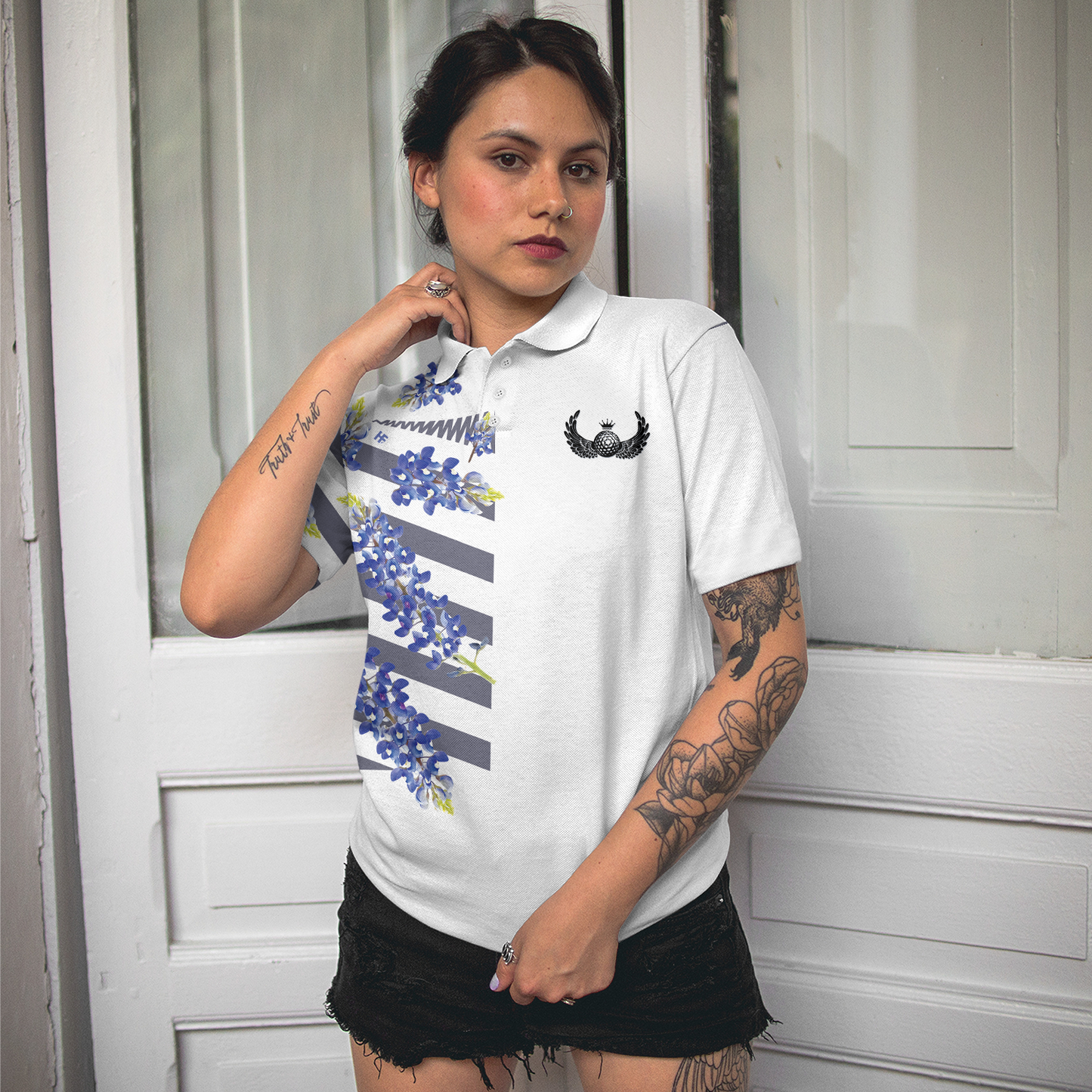 Women Polo Shirt - Bluebonnet Golf Short Sleeve Women Polo Shirt, Floral Texas Golf Shirt For Ladies