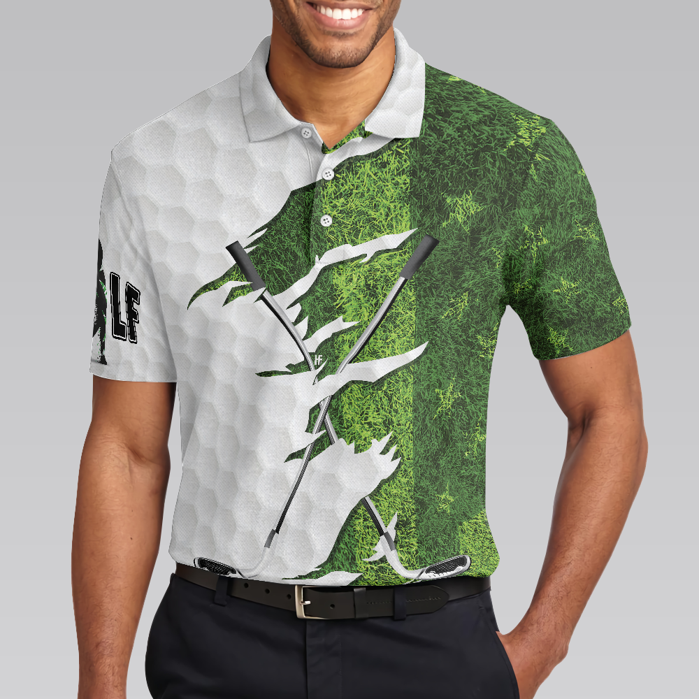 Green American Flag Men Polo Shirt, Golf Ripped Clubs & Course American Golfer Polo Shirt, Patriotic Golf Shirt For Men