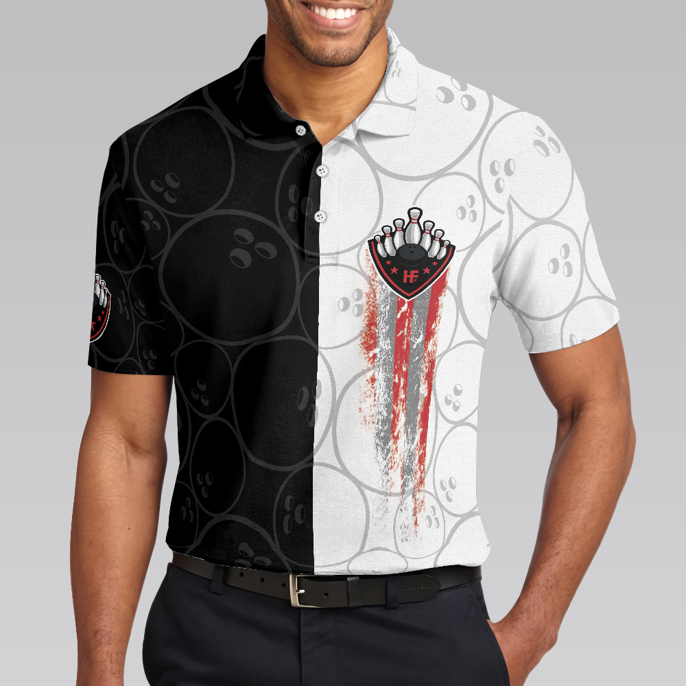 Men Polo Shirt - Bowling Black And White Pattern Short Sleeve Polo Shirt, Bowling Ball Polo Shirt, Best Bowling Shirt For Men
