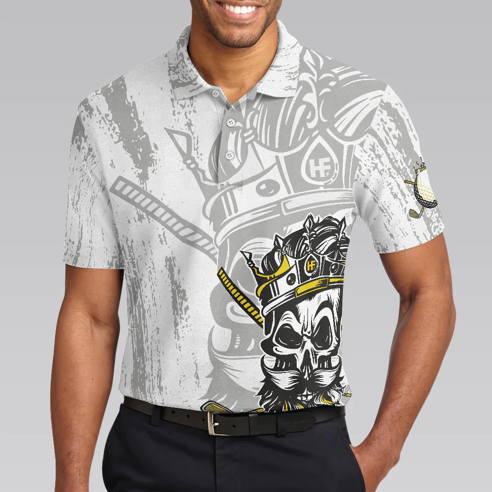 Black And White Skull Golf Men Polo Shirt, I'm The King Of The Course Golf Shirt For Men, Cool Gift For Male Golfers