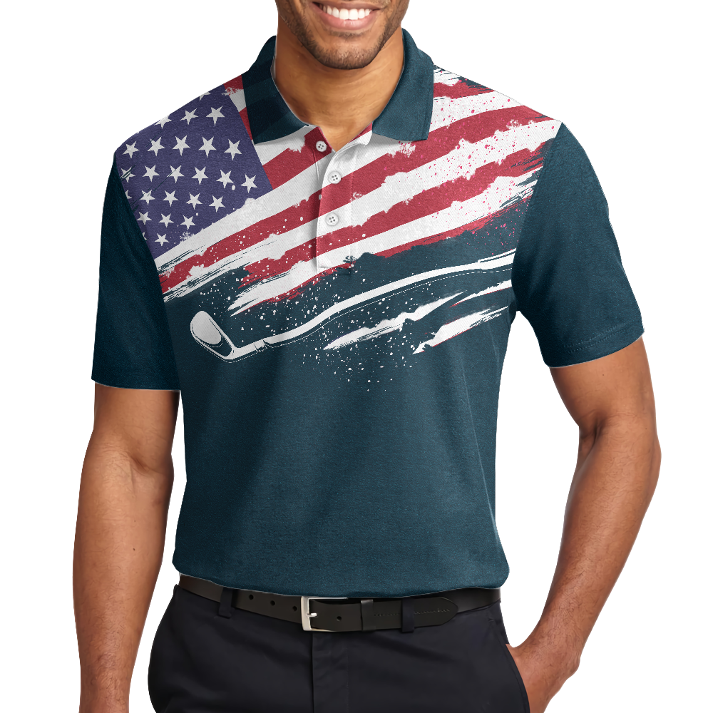 American Flag Golf Men Polo Shirt, Eat Sleep Golf Repeat Short Sleeve Polo Shirt, Dark Navy Golf Shirt For Men, Gift For Golfers