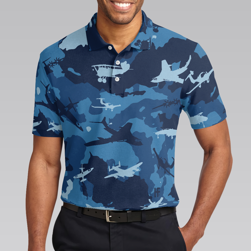 Army Men Polo Shirt, Aircraft Ocean Blue Camouflage Short Sleeve Polo Shirt, Best Camo Shirt For Men