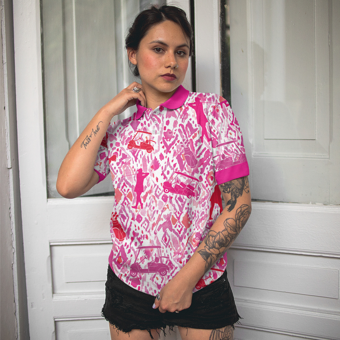 Seamless Pink Golfer Short Sleeve Women Polo Shirt, Unique Gift For Female Golfers - Perfect Gift For Women, Golfer