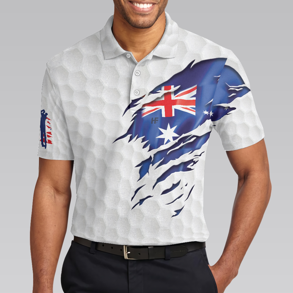 Golf Australian Flag Men Polo Shirt, White Golf Pattern Polo Shirt, Best Australian Golf Shirt For Men