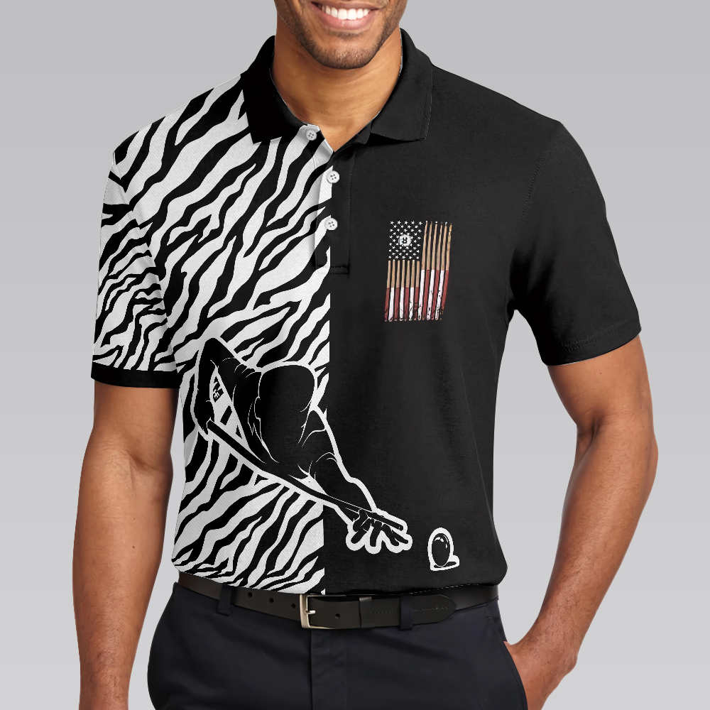 Men Polo Shirt - Billiards Zebra Polo Shirt, Cool Billiards Polo Shirt With Zebra Pattern, Best Pool Shirt For Pool Players