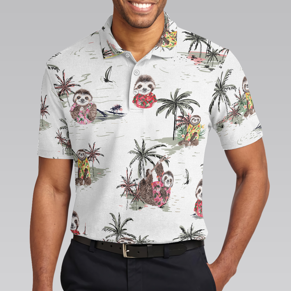 Cute Sloth With Tropical Plants Polo Shirt, White Tropical Sloth Shirt For Men And Women, Sloth Summer Shirt Design