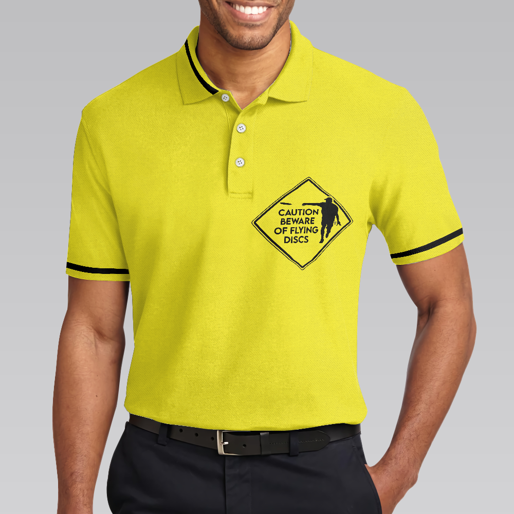 Caution Beware Of Flying Discs Short Sleeve Polo Shirt, Yellow Skull Polo Shirt, Best Golf Shirt For Men, Polo Shirt Gift For Men Disc Golfers