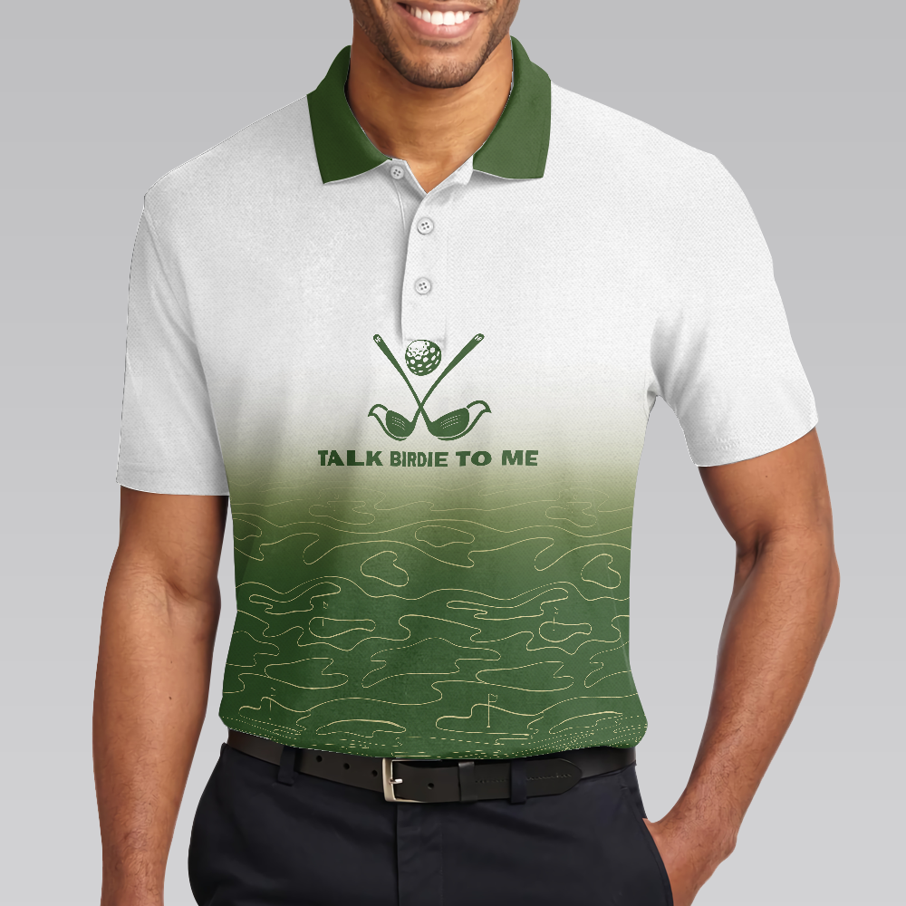 Talk Birdie To Me Golf Polo Shirt, White And Green Abstract Grass Pattern Golfing Polo Shirt, Best Golf Shirt For Men - Perfect Gift For Men, Golfers
