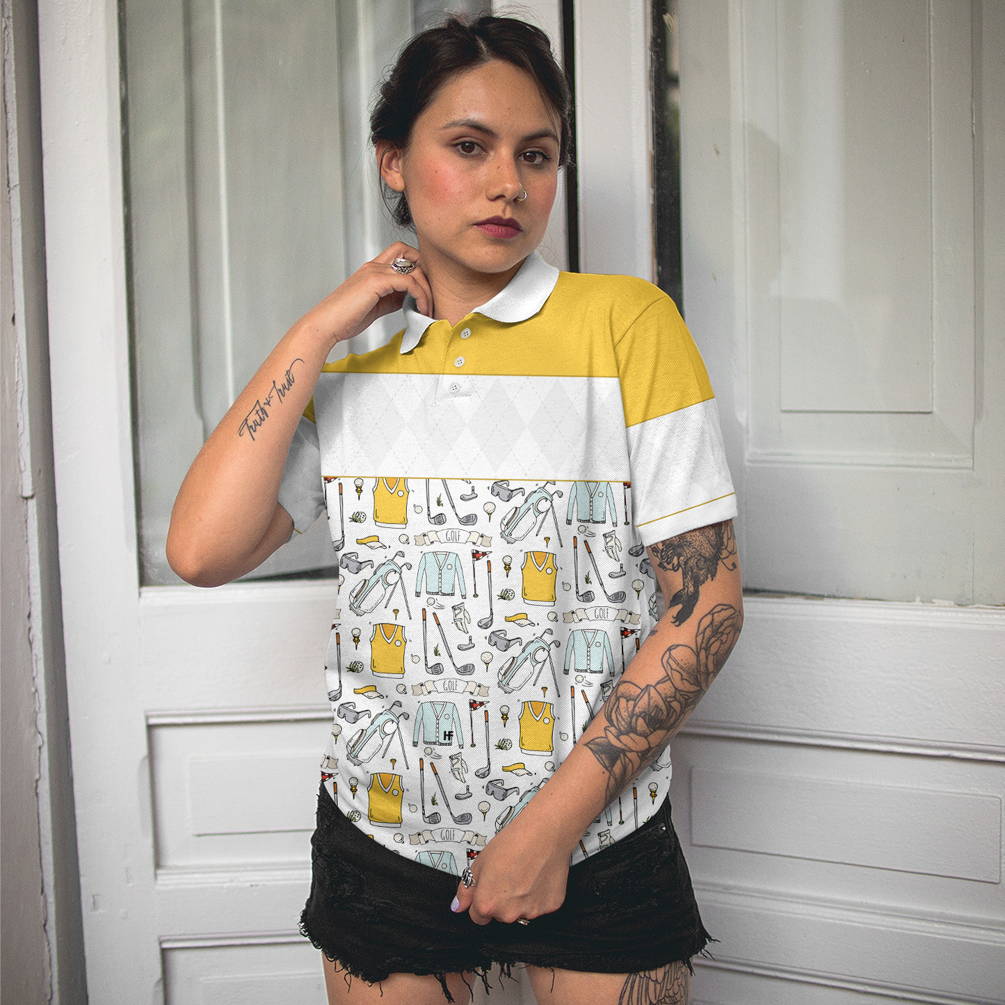 Golf Symbol And Golf Argyle Pattern Yellow Short Sleeve Women Polo Shirt, Best Golf Shirt For Ladies