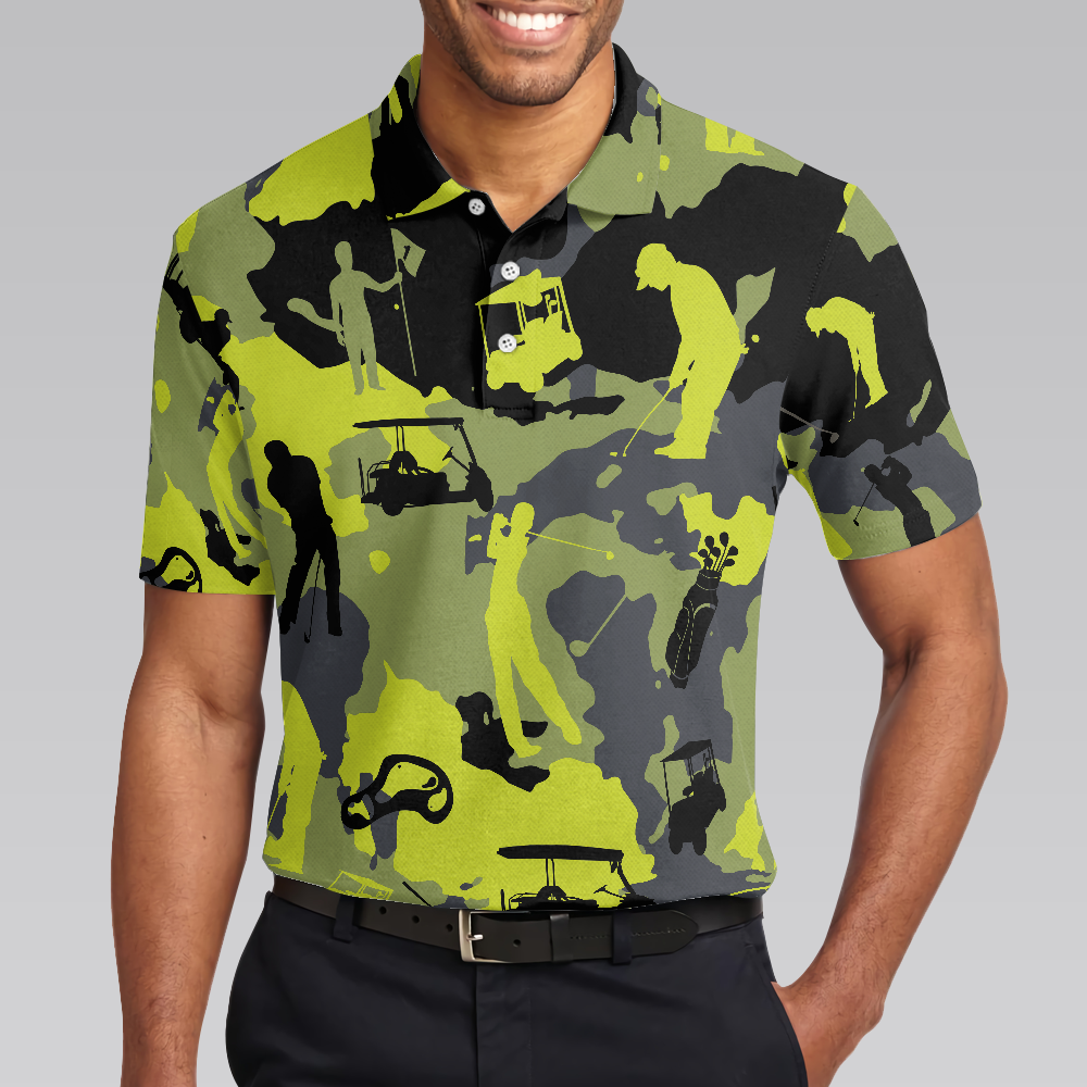 Green And Grey Camouflage Golf Men Polo Shirt, Military Streetwear Polo Shirt, Camo Golf Shirt For Men