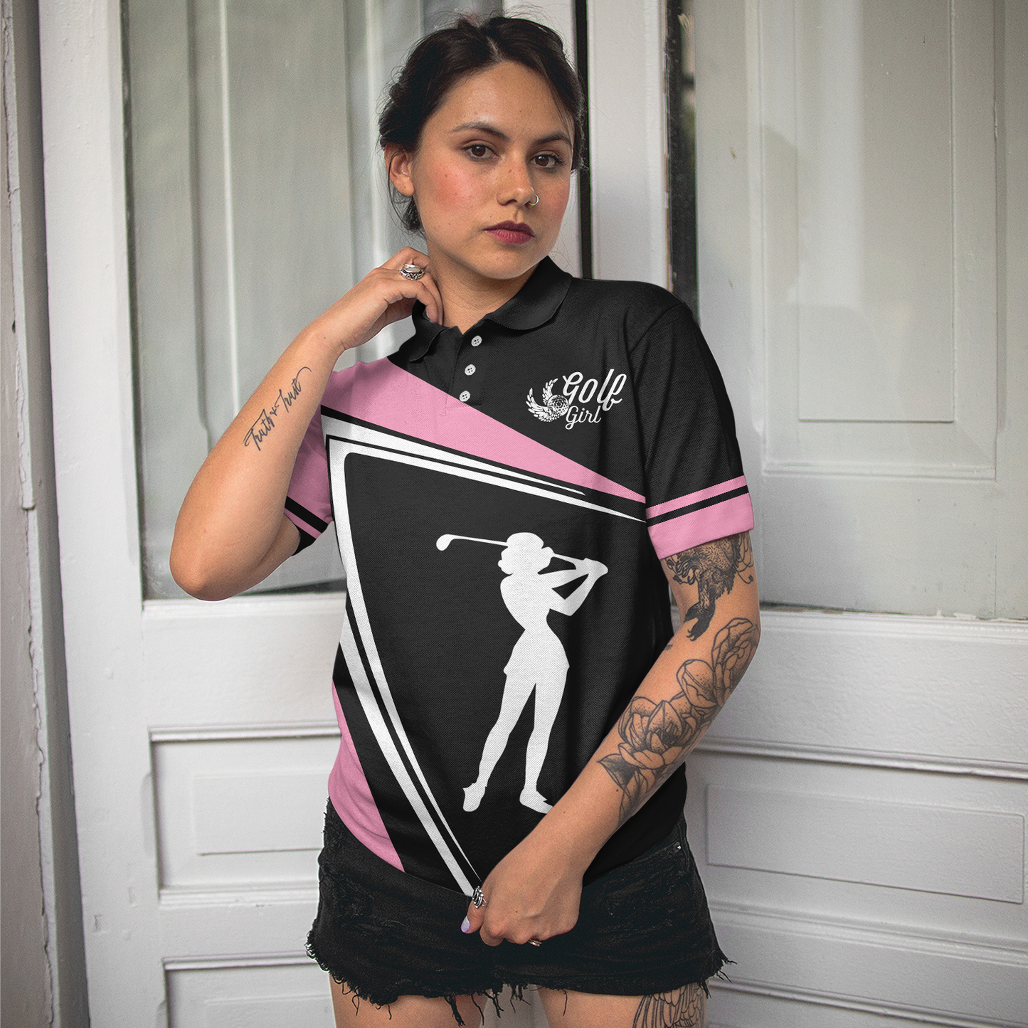 Golf Girl Black White And Pink Short Sleeve Women Polo Shirt, Best Golf Gift For Women, Polo Shirt For Women, Best Gift For Women Golfer