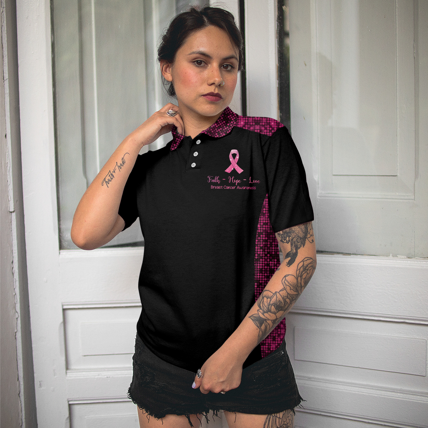 Pink Awareness Ribbon Women Polo Shirt, Faith Hope Love Angel Wings Breast Cancer Awareness Short Sleeve Shirt For Ladies