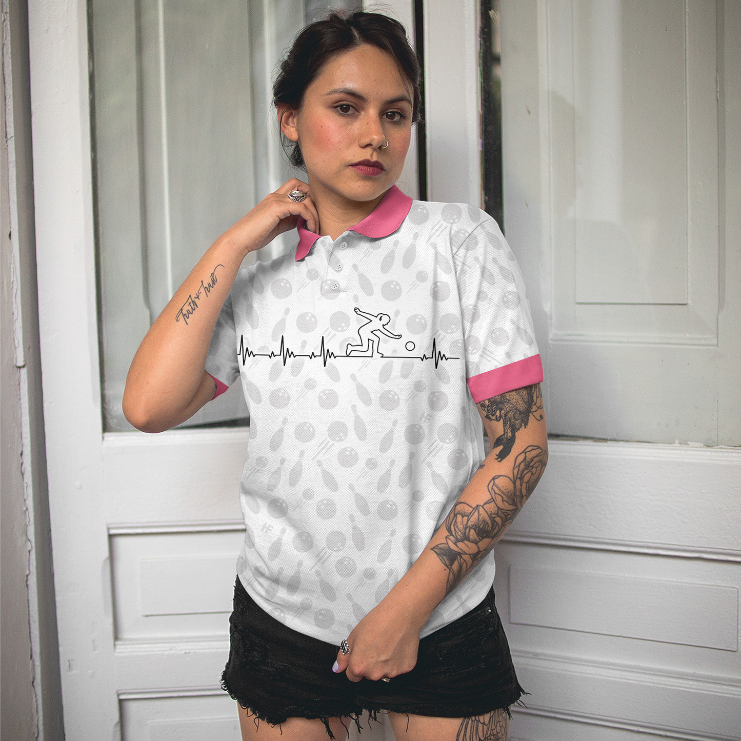 Bowling Is My Heart Bowling Short Sleeve Women Polo Shirt, Bowling Balls And Pins Pattern Polo Shirt For Ladies