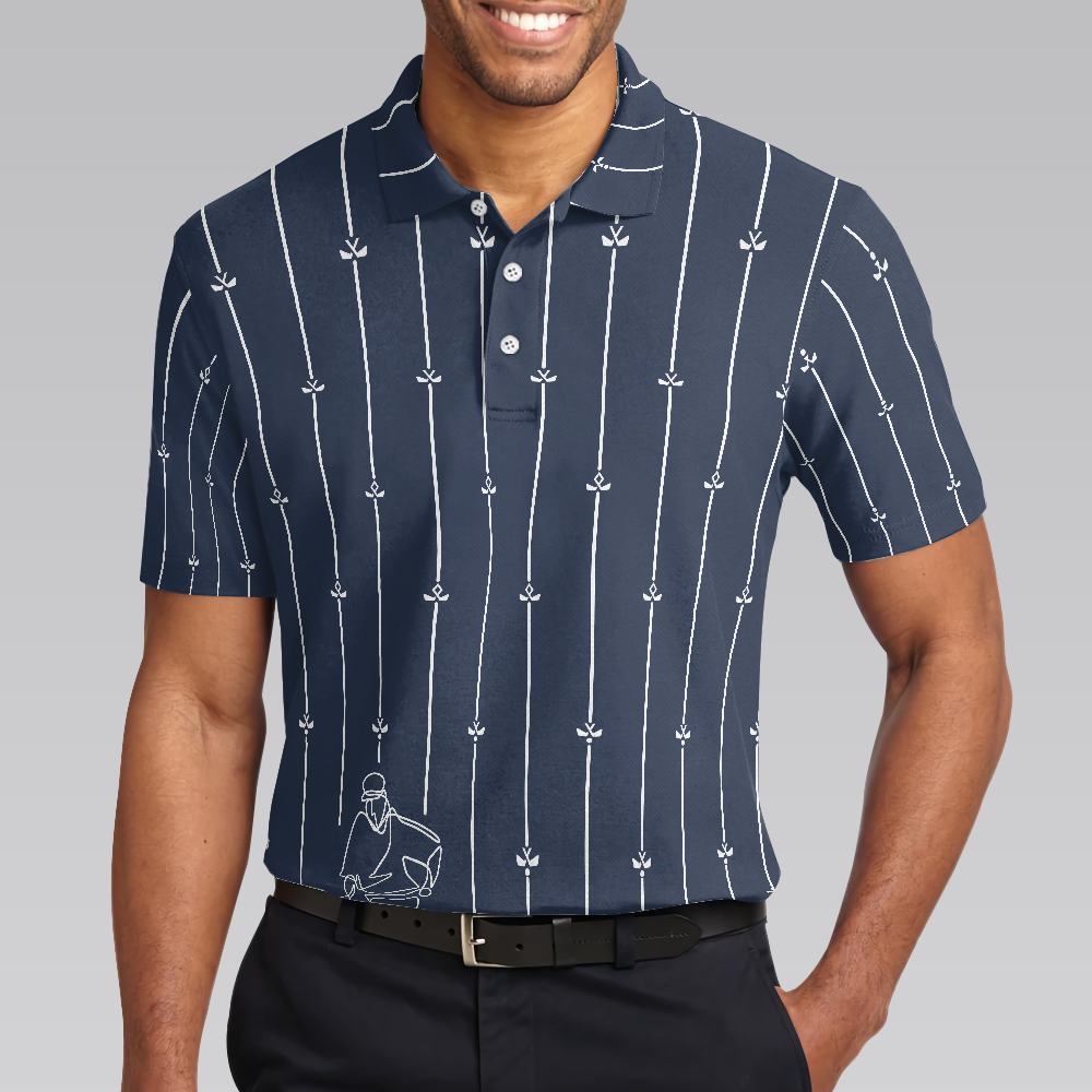 Vertical Stripe Golf Club Polo Shirt, Black And White One Line Drawing Golfer Polo Shirt, Unique Golf Shirt For Men - Perfect Gift For Men