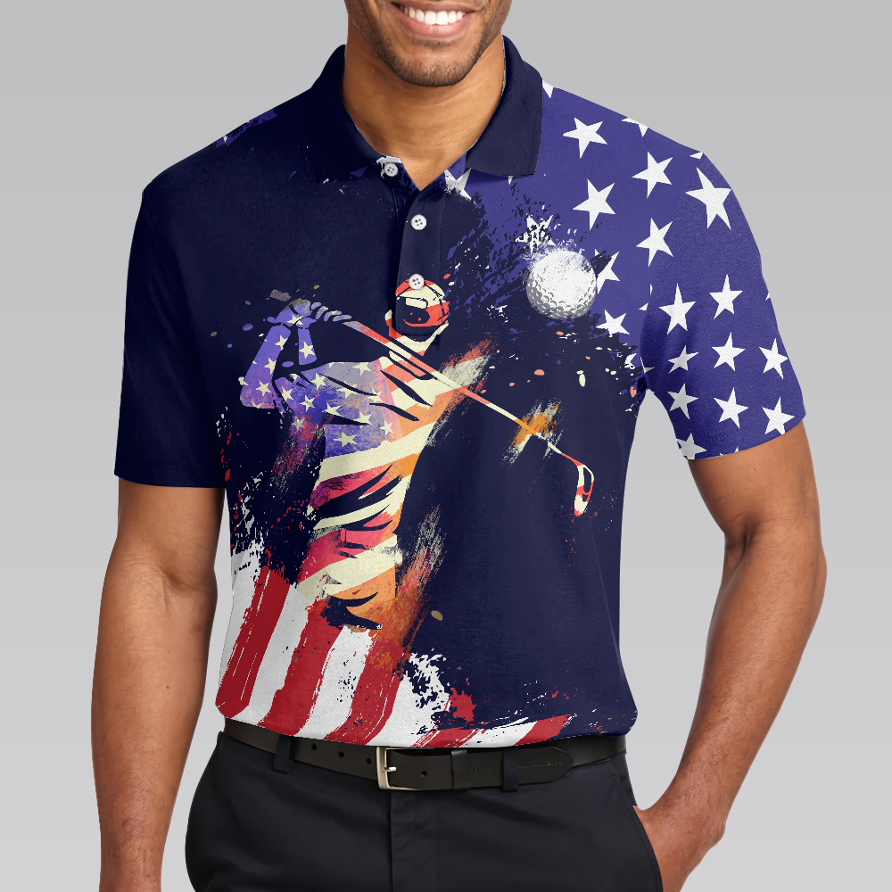 American Flag with Abstract Golf Swing Men Polo Shirt, Best Golfing Shirt Design For Patriotic Golfers