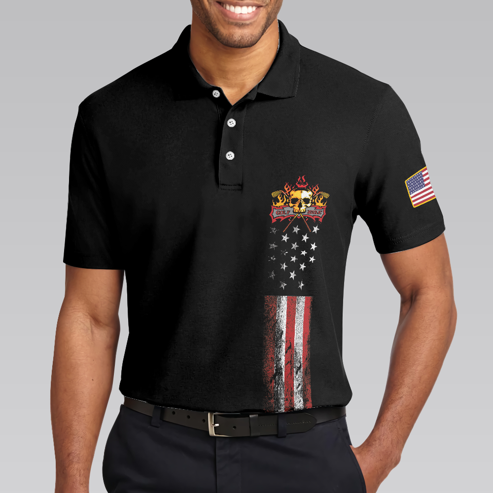 Golf Skull America Flag Short Sleeve Polo Shirt, Wet Paint Black Polo Shirt, Best Golf Shirt For Men - Best Gift For Golf Lovers