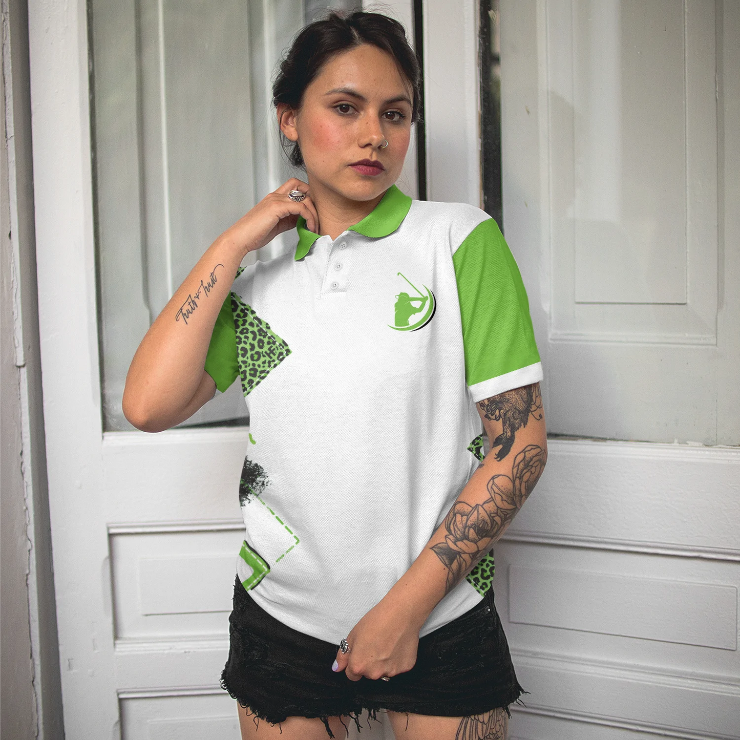 Green Leopard Argyle Golf Women Polo Shirt, Life Is Better On The Golf Course Golf Short Sleeve Shirt For Ladies