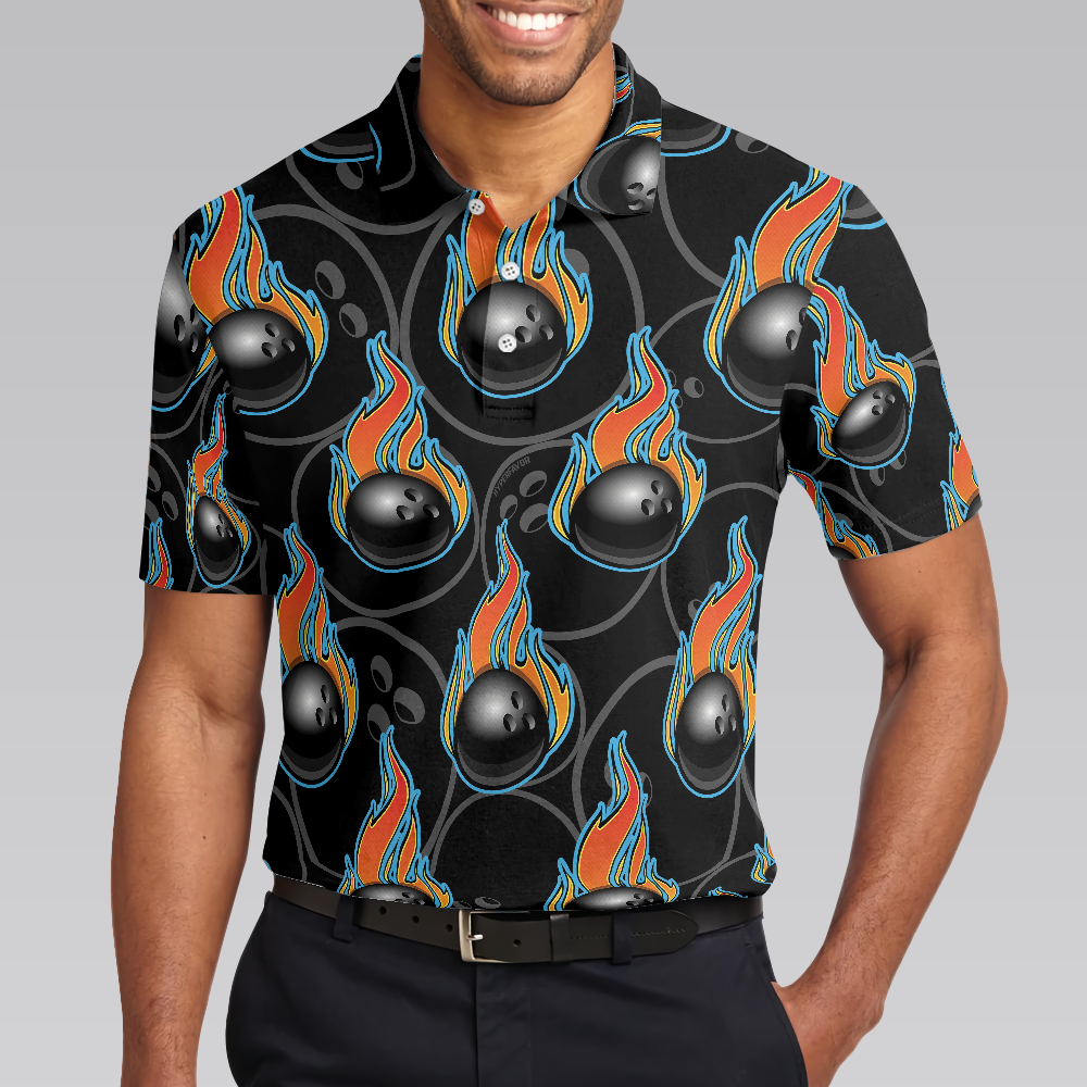Bowling Men Polo Shirt - Bowling In Fire Seamless Pattern Polo Shirt, Best Bowling Polo Shirt For Men - Perfect Gift For Friend, Family, Bowling Lovers