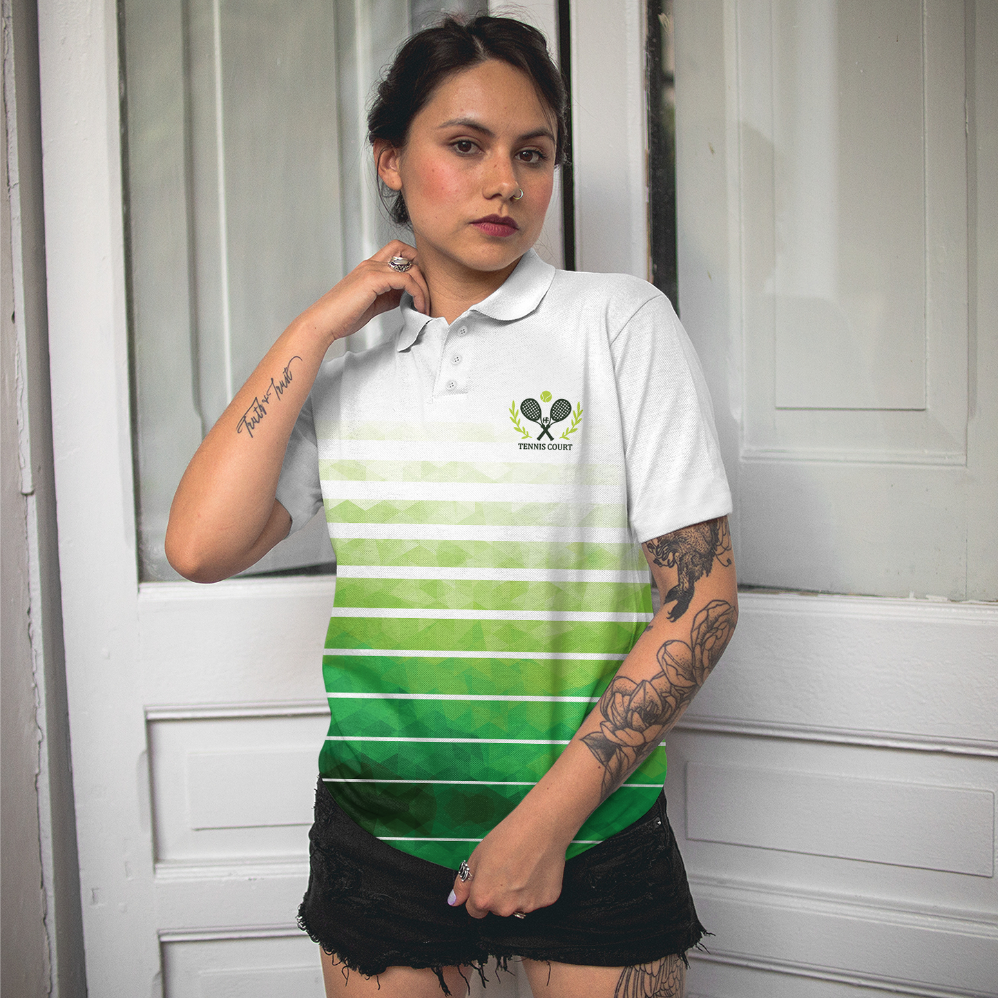 Tennis Women Polo Shirt, Abstract Green Geometric Tennis Short Sleeve Women Polo Shirt, Gift Ideas For The Golf And Tennis Lover