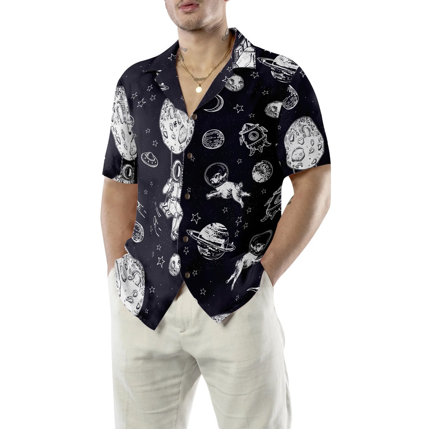Astronaut And His French Bulldog Hawaiian Shirt, Dog Lovers Aloha Shirt For Men & Women, Best Gift For French Bulldog Lovers, Husband, Wife, Boyfriend, Girlfriend