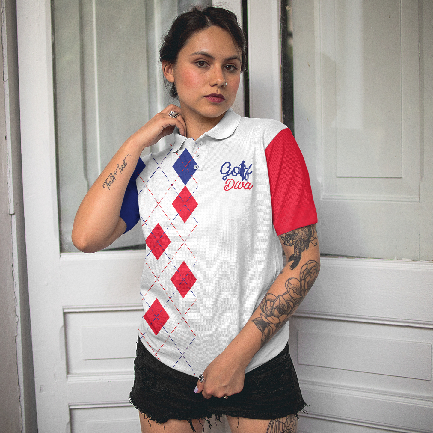 Golf Diva Short Sleeve Women Polo Shirt, Argyle Pattern Polo Shirt For Ladies, Best Golf Shirt For Women