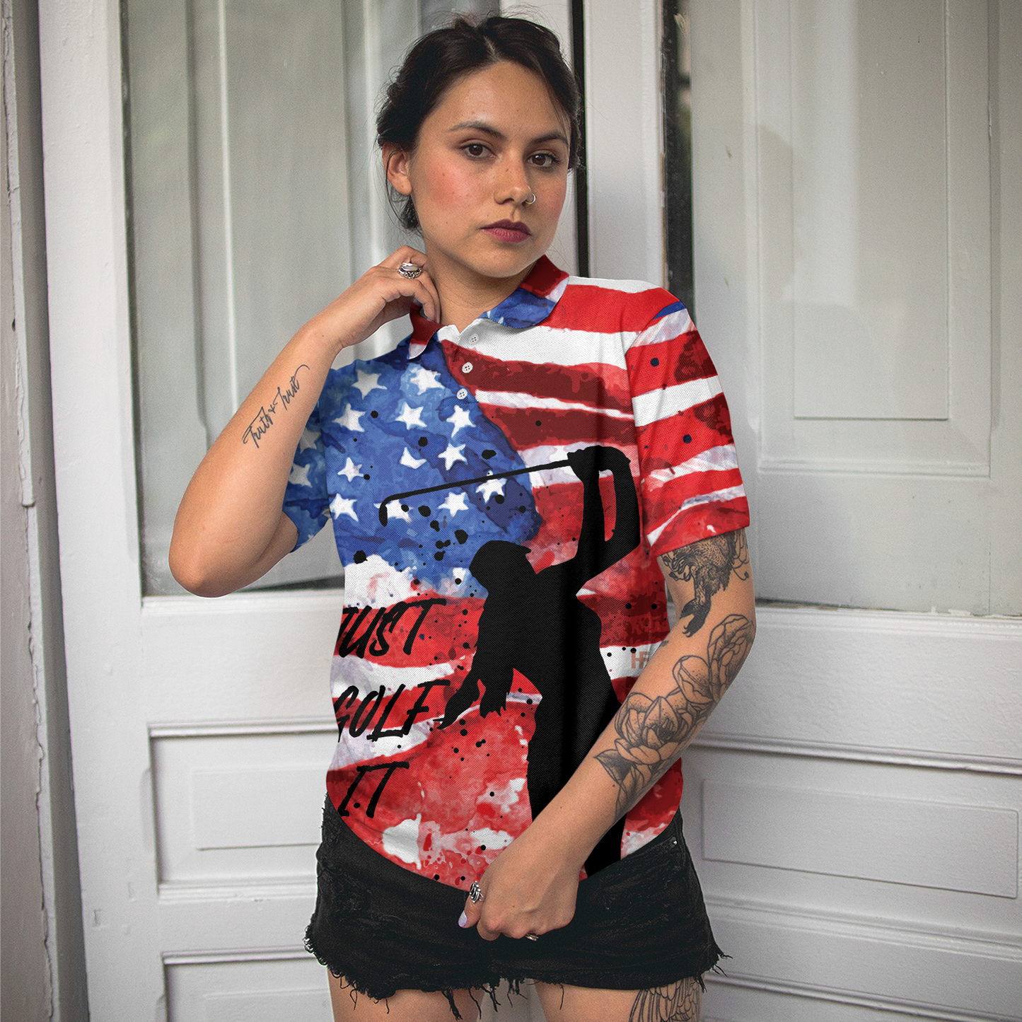 American Golfer Just Golf It Short Sleeve Women Polo Shirt, Wet Paint American Flag Polo Shirt, Patriotic Golf Polo Shirts For Ladies, Gift For Golfers