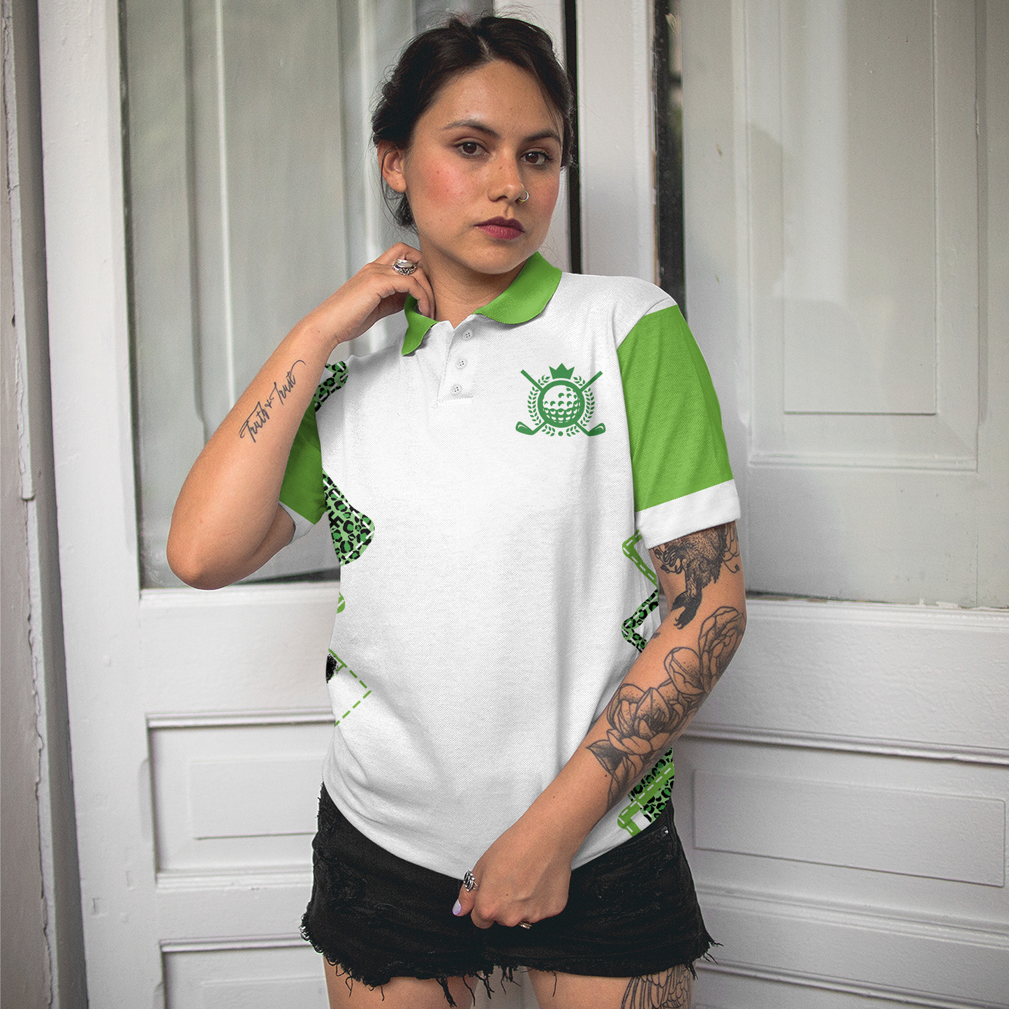 Talk Birdie To Me Golf Short Sleeve Women Polo Shirt, White And Green Pattern Golfing Polo Shirt - Perfect Gift For Women, Ladies