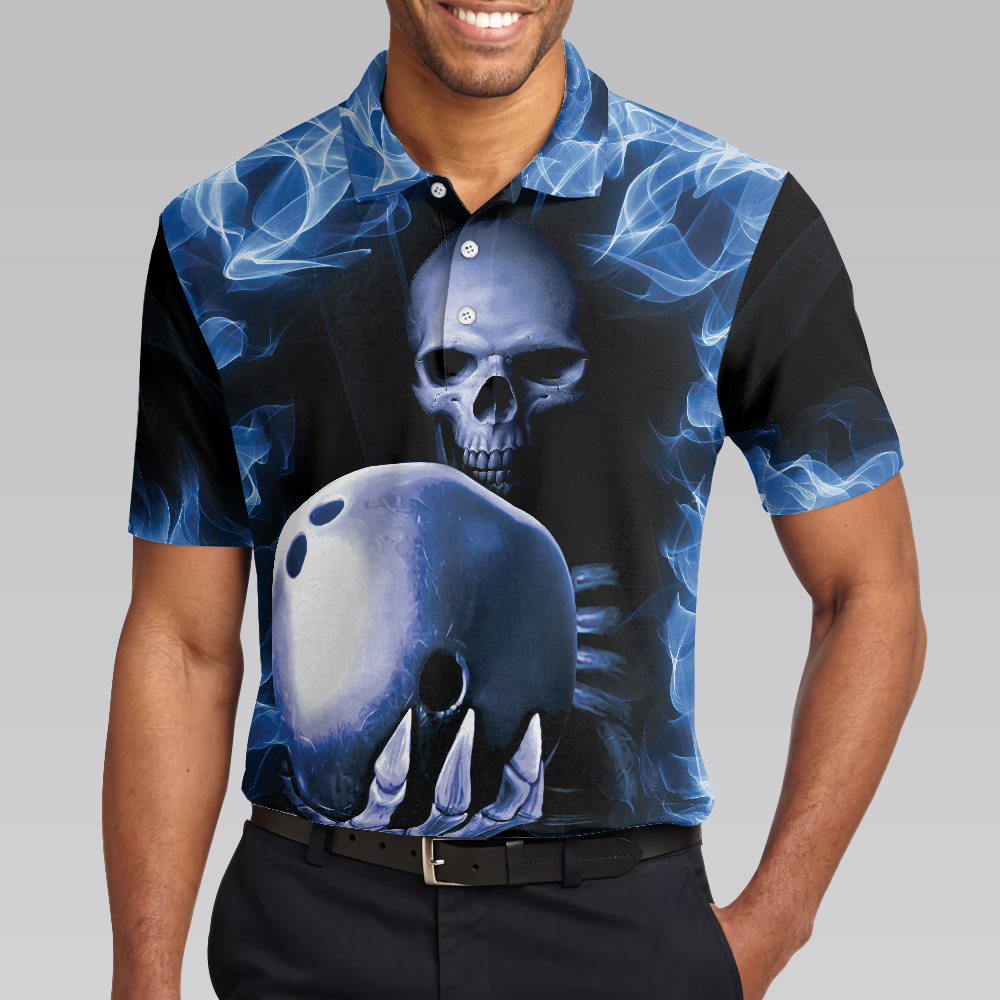 Bowling Men Polo Shirt - Bowling Murder , Blue Flame Pattern, Scary Skull Shirt Design For Halloween Bowling Polo Shirt - Perfect Gift For Friend, Family, Bowling Lovers