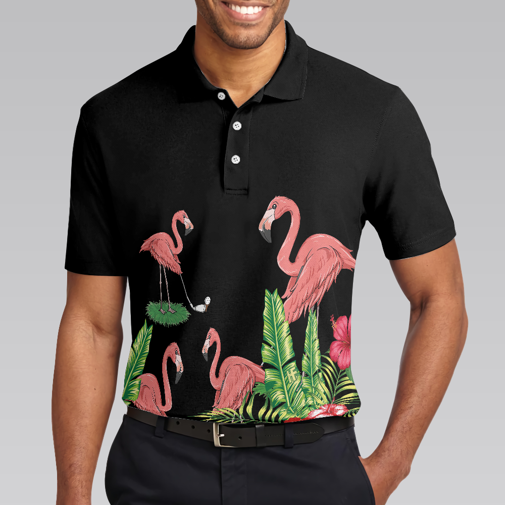 Flamingo Playing Golf And Tropical Pattern Polo Shirt, Pink Flamingo Short Sleeve Polo Shirt For Golfers