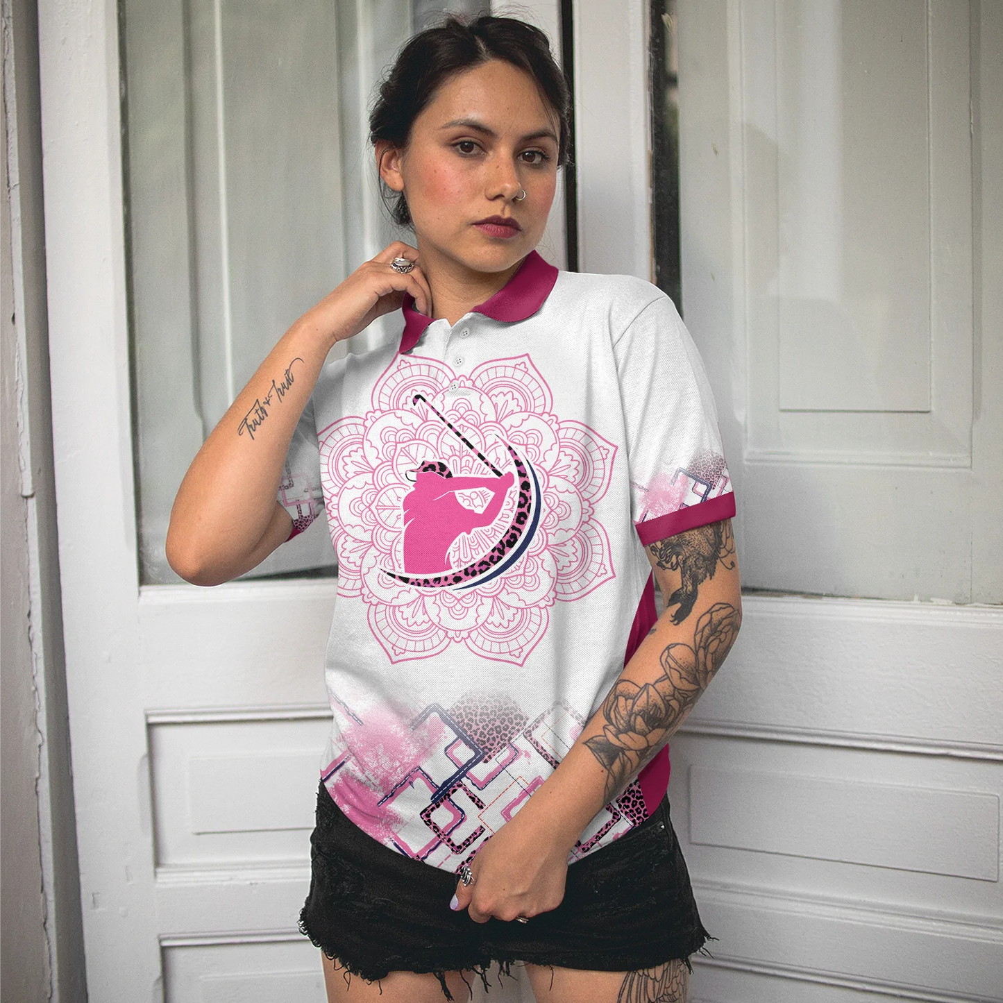 Leopard Mandala Pattern Thinning Layout Pink Girl Golf Short Sleeve Women Polo Shirt, Best Golf Shirt For Ladies