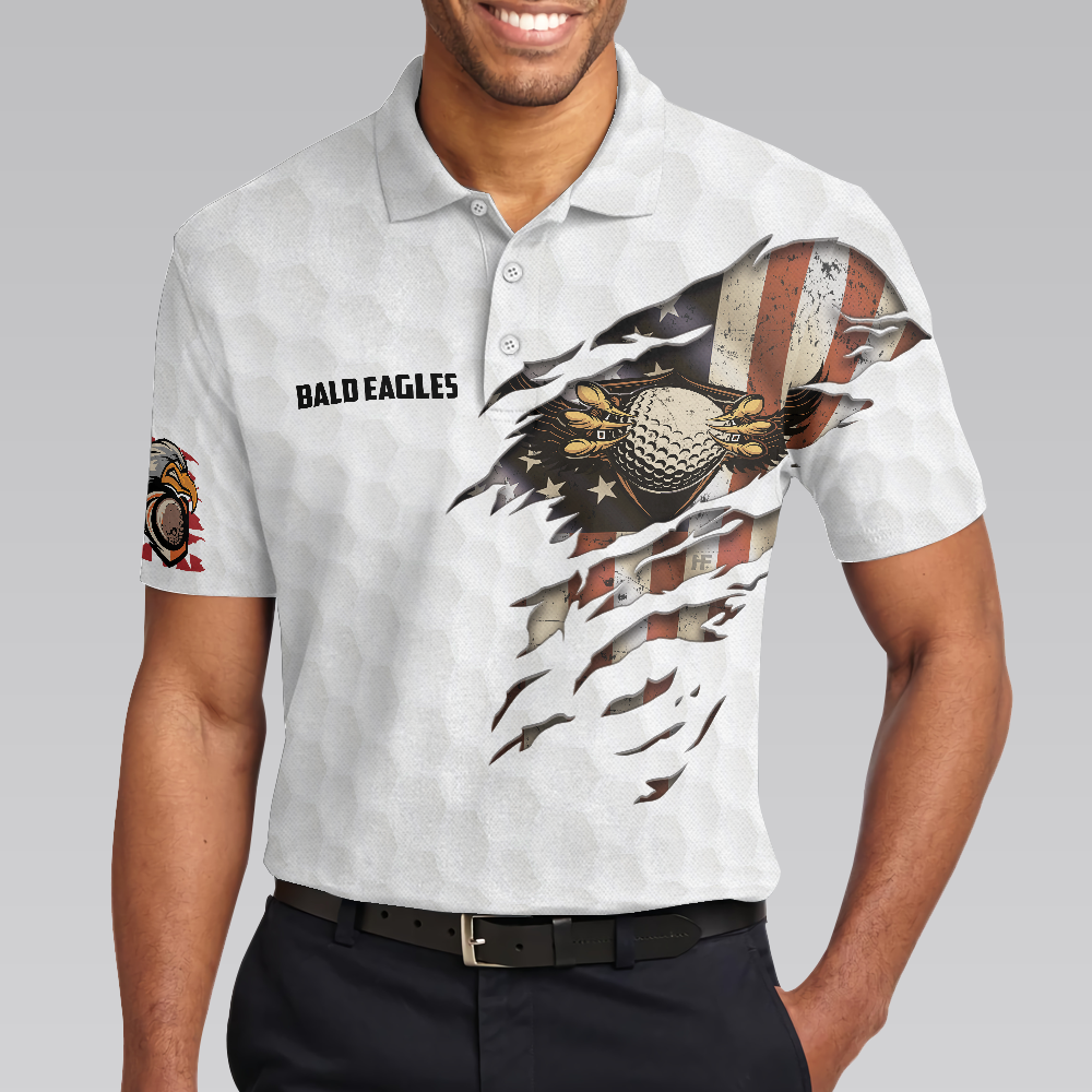 American Flag & Golf Ball Texture Men Polo Shirt, Bald Eagles American Golfer Eagle Golf Ball Texture Patriot Shirt For Men, Gift For Golfers