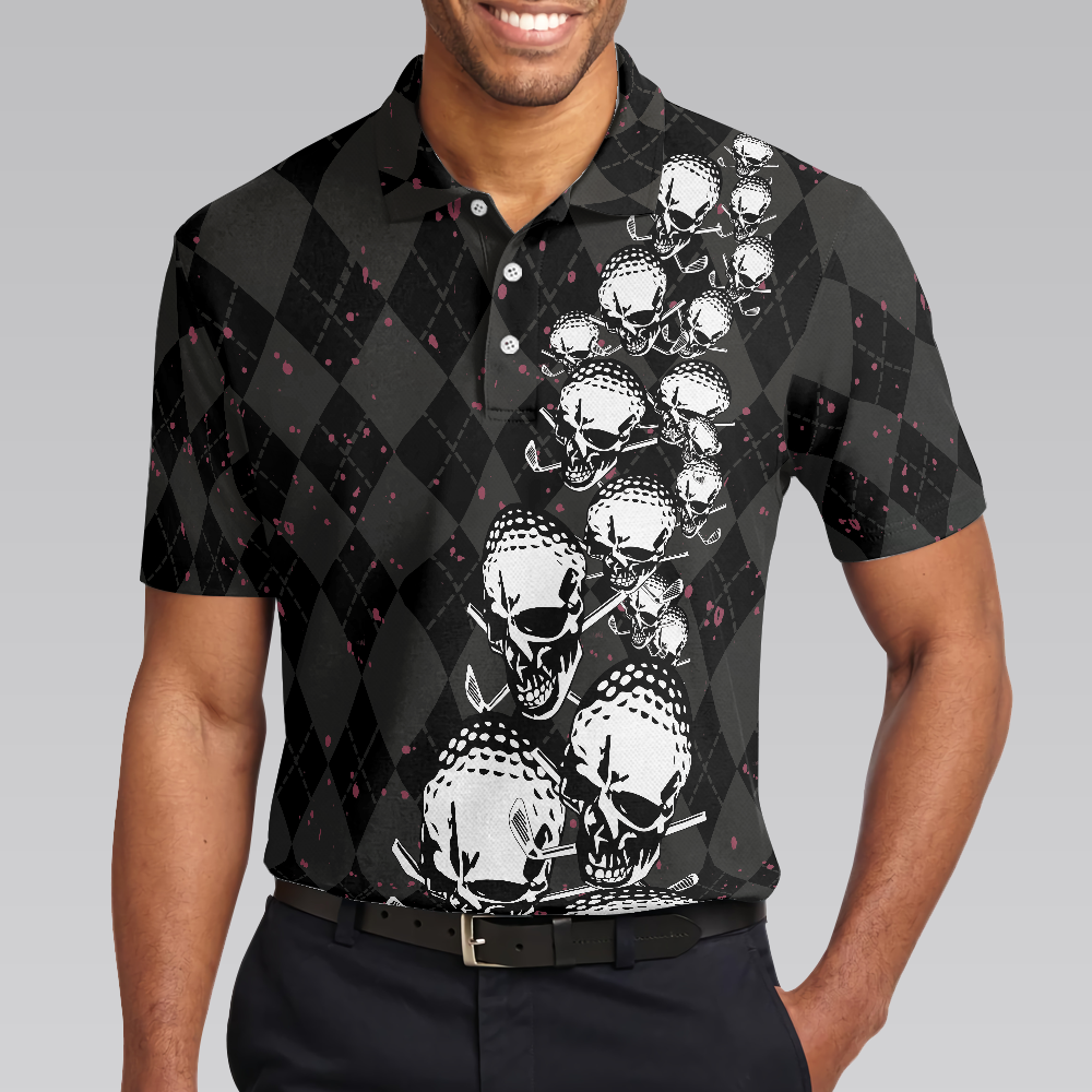 Elegant Argyle Pattern And Skull Golf Lover Polo Shirt, Black Skull Golf Shirt For Men, Best Gift For Men