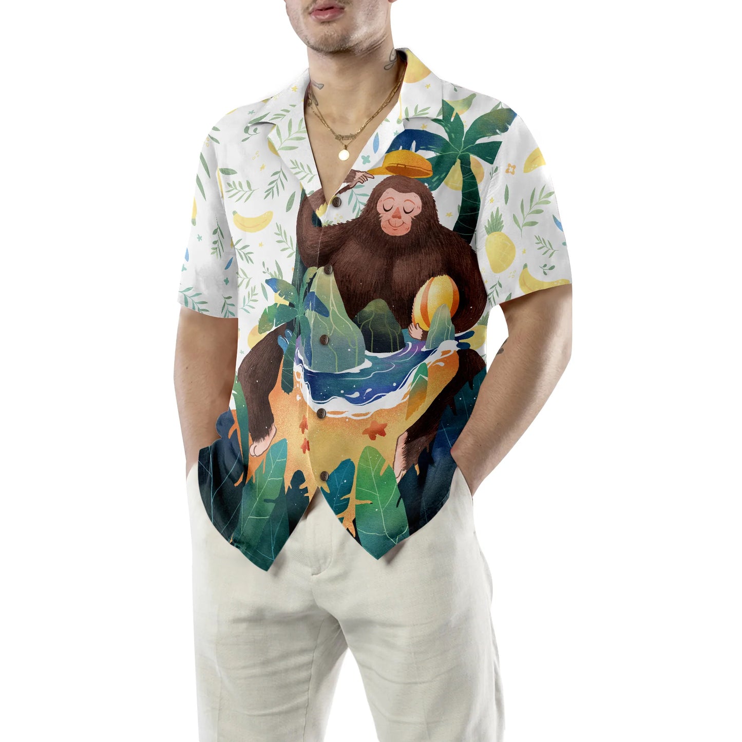 Artistic Bigfoot on the Beach Hawaiian Shirt, Sasquatch Aloha Shirts for Men & Women, Best Gift For Summer, Husband, Wife, Boyfriend, Girlfriend