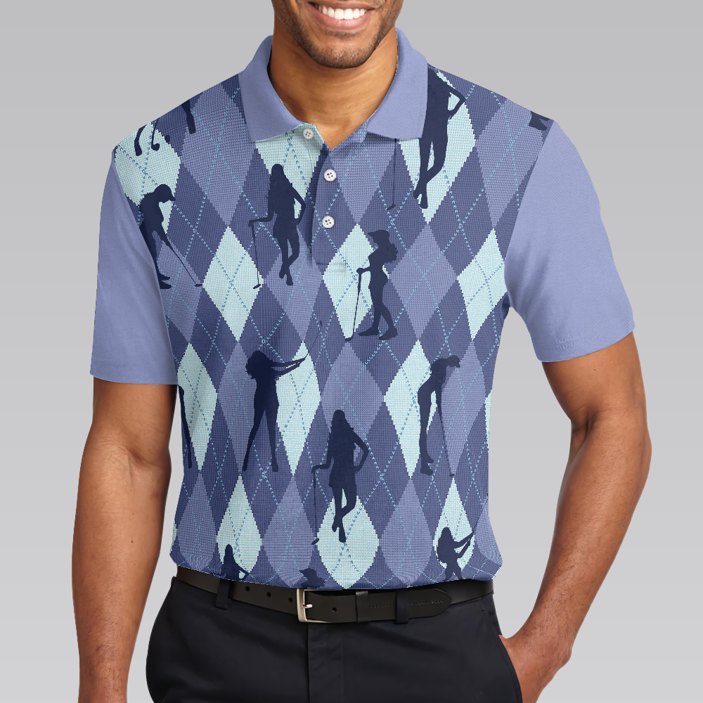 Vintage Blue Palatte Girl Golf Polo Shirt, Argyle Pattern Girl Golfer Silhouette Polo Shirt, Fun Golf Shirt - Perfect Gift For Men